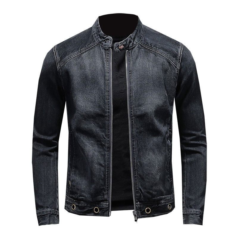 European Stand Collar Bomber Pilot Sort Denimjakke Mænd Jeans Frakker Slank Motorcykel Casual Outwear Beklædning Overfrakke - Sort