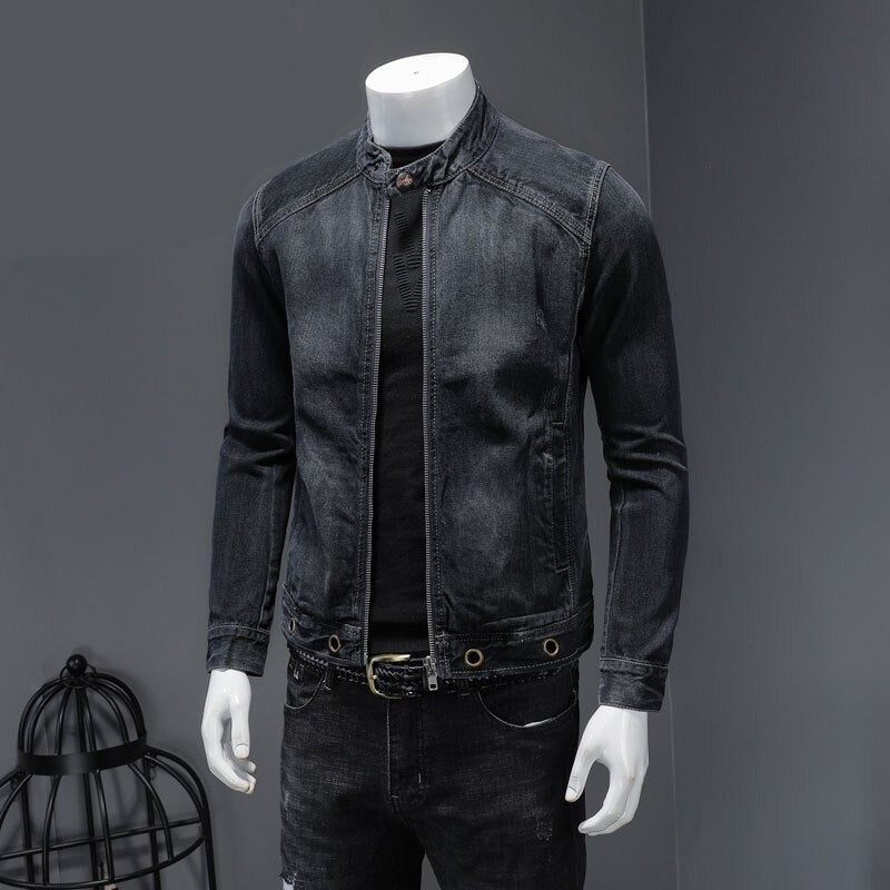 European Stand Collar Bomber Pilot Sort Denimjakke Mænd Jeans Frakker Slank Motorcykel Casual Outwear Beklædning Overfrakke - Sort