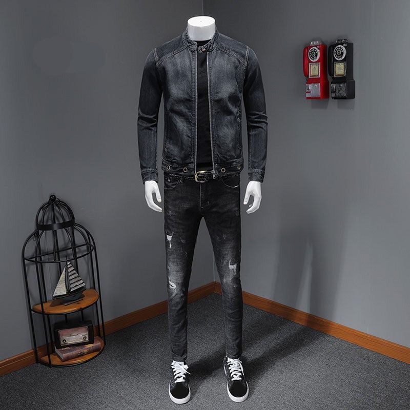 European Stand Collar Bomber Pilot Sort Denimjakke Mænd Jeans Frakker Slank Motorcykel Casual Outwear Beklædning Overfrakke - Sort