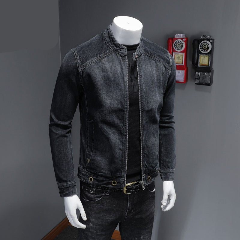 European Stand Collar Bomber Pilot Sort Denimjakke Mænd Jeans Frakker Slank Motorcykel Casual Outwear Beklædning Overfrakke - Sort