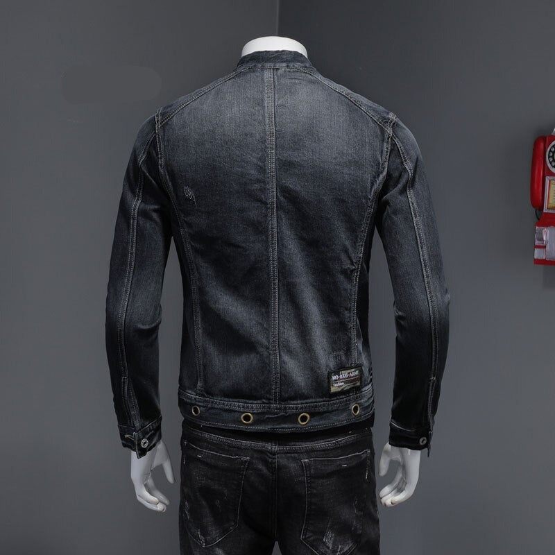 European Stand Collar Bomber Pilot Sort Denimjakke Mænd Jeans Frakker Slank Motorcykel Casual Outwear Beklædning Overfrakke - Sort