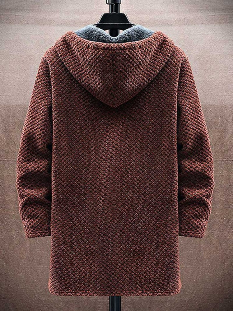 Fleece-foret Sweatercoat Til Mænd Lynlås Lang Hætte Cardigan Solid Thicken Overtøj Efterår Vinter Varme Jakker Sweater - Karamel