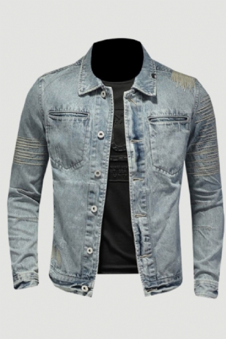 Forårs Jeansjakke Mænd Denimfrakke Revers Langærmet Bomber Motorcykel Retro Broderi Slank Streetwear Outwear Beklædning