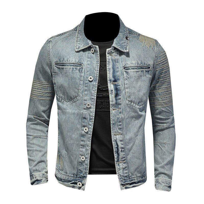 Forårs Jeansjakke Mænd Denimfrakke Revers Langærmet Bomber Motorcykel Retro Broderi Slank Streetwear Outwear Beklædning - Himmelblå