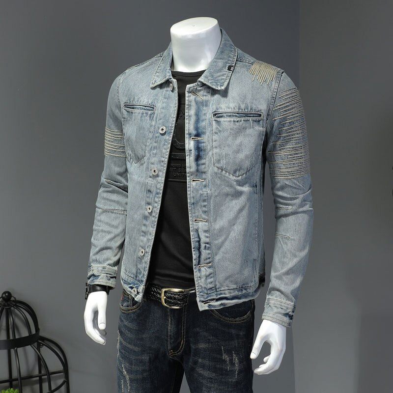 Forårs Jeansjakke Mænd Denimfrakke Revers Langærmet Bomber Motorcykel Retro Broderi Slank Streetwear Outwear Beklædning - Himmelblå