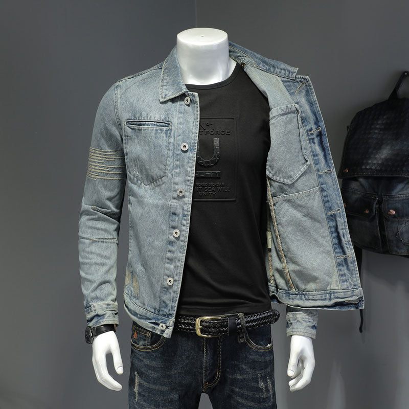 Forårs Jeansjakke Mænd Denimfrakke Revers Langærmet Bomber Motorcykel Retro Broderi Slank Streetwear Outwear Beklædning - Himmelblå