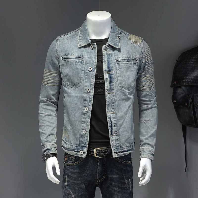 Forårs Jeansjakke Mænd Denimfrakke Revers Langærmet Bomber Motorcykel Retro Broderi Slank Streetwear Outwear Beklædning - Himmelblå