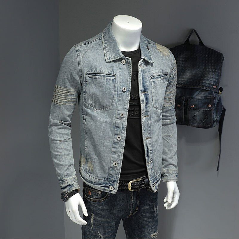 Forårs Jeansjakke Mænd Denimfrakke Revers Langærmet Bomber Motorcykel Retro Broderi Slank Streetwear Outwear Beklædning - Himmelblå