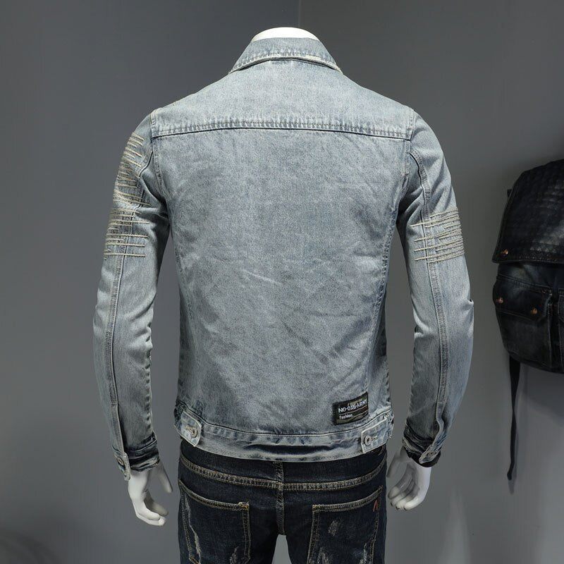 Forårs Jeansjakke Mænd Denimfrakke Revers Langærmet Bomber Motorcykel Retro Broderi Slank Streetwear Outwear Beklædning - Himmelblå