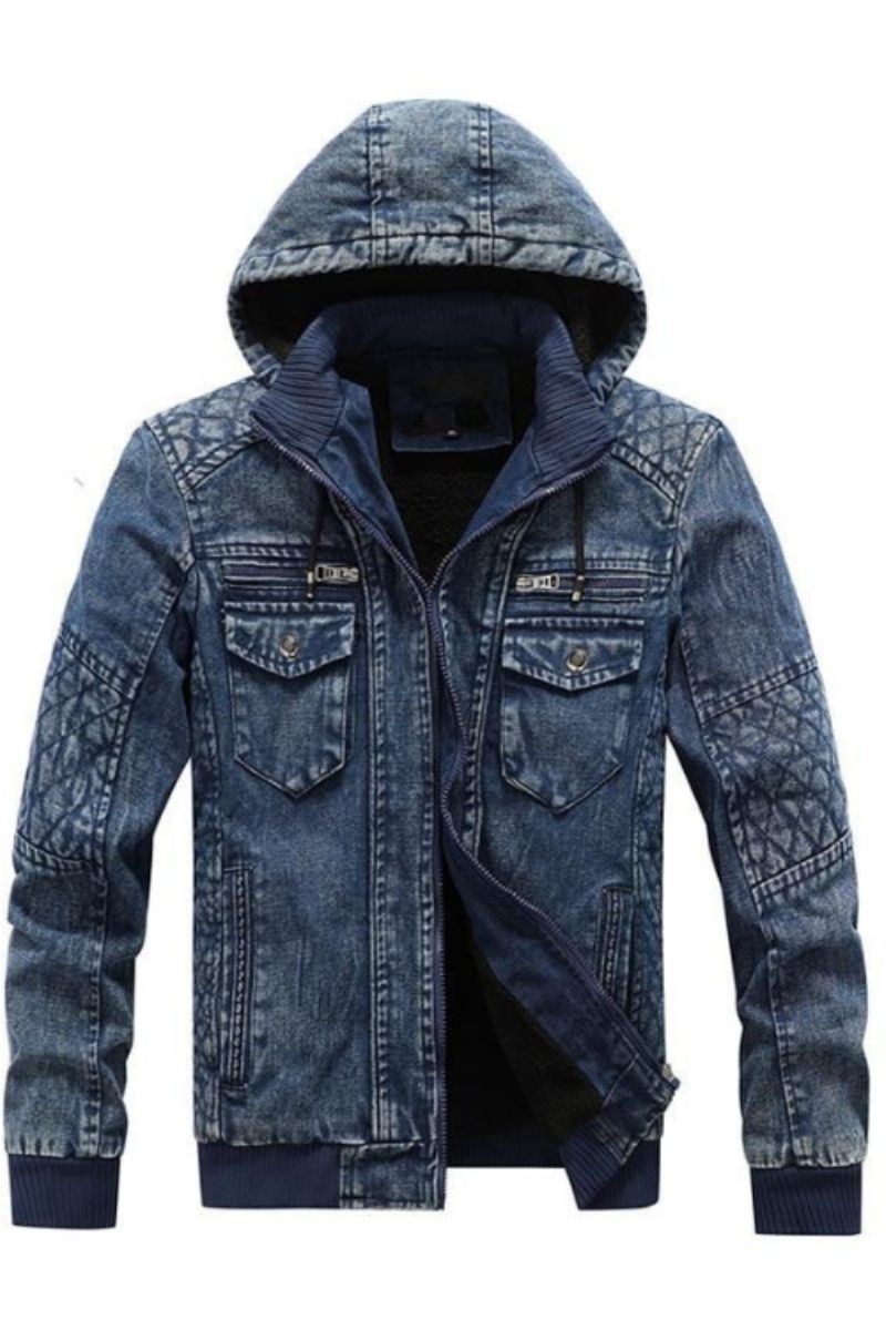 Herre Denimjakke Trendy Denim Jean Hættetrøjer Casual Mandlig Fleece Varm Vindjakke Cowboyfrakker Herretøj