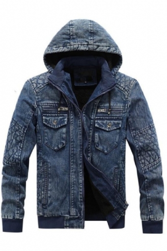 Herre Denimjakke Trendy Denim Jean Hættetrøjer Casual Mandlig Fleece Varm Vindjakke Cowboyfrakker Herretøj