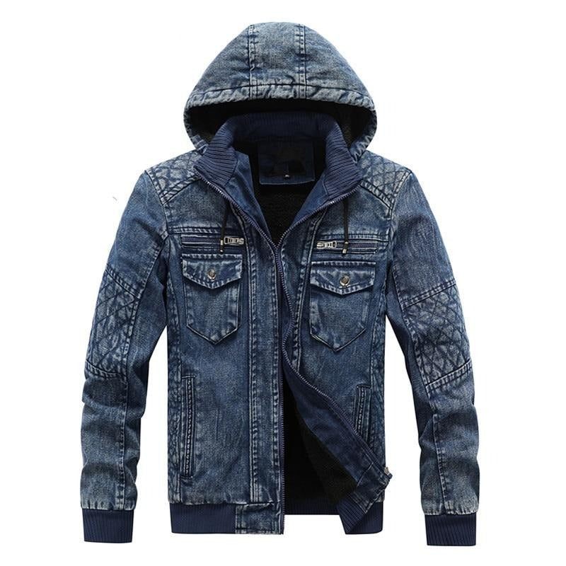 Herre Denimjakke Trendy Denim Jean Hættetrøjer Casual Mandlig Fleece Varm Vindjakke Cowboyfrakker Herretøj - Denim Blå