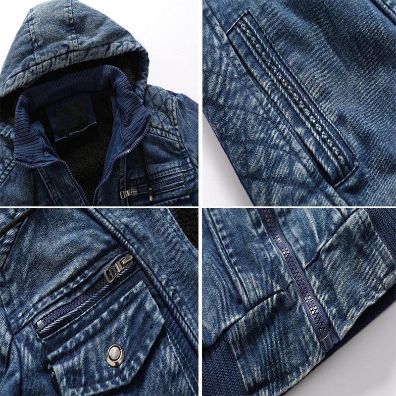 Herre Denimjakke Trendy Denim Jean Hættetrøjer Casual Mandlig Fleece Varm Vindjakke Cowboyfrakker Herretøj - Denim Blå