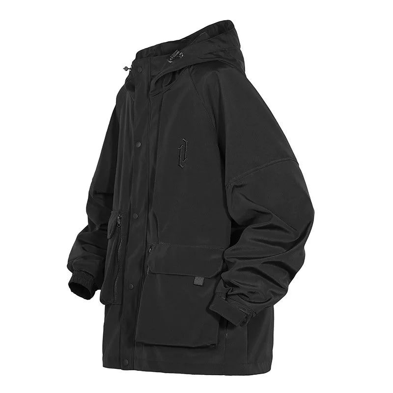 Herrejakke Windbreaker Efterår Hip Hop Flere Lommer Taktiske Frakker Løse Cargo Jakker - Sort