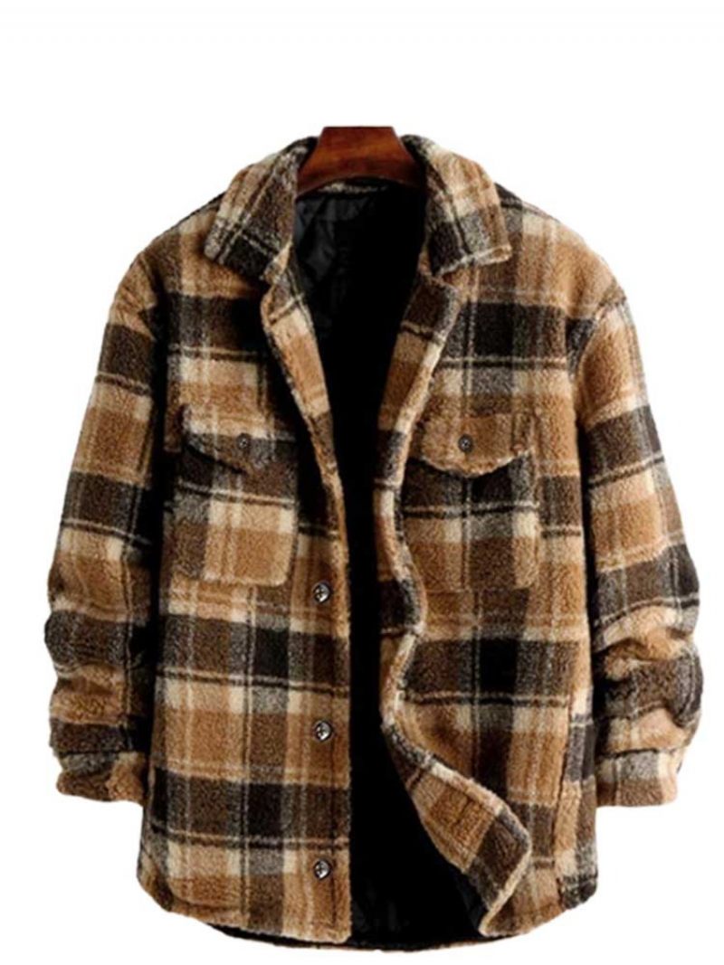 Jakke Til Mænd Plaid Fluffy Fleece Skjorte Med Lomme Button-up Imiteret Pels Sherpa Efterår Vinter Streetwear Topcoats