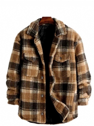 Jakke Til Mænd Plaid Fluffy Fleece Skjorte Med Lomme Button-up Imiteret Pels Sherpa Efterår Vinter Streetwear Topcoats