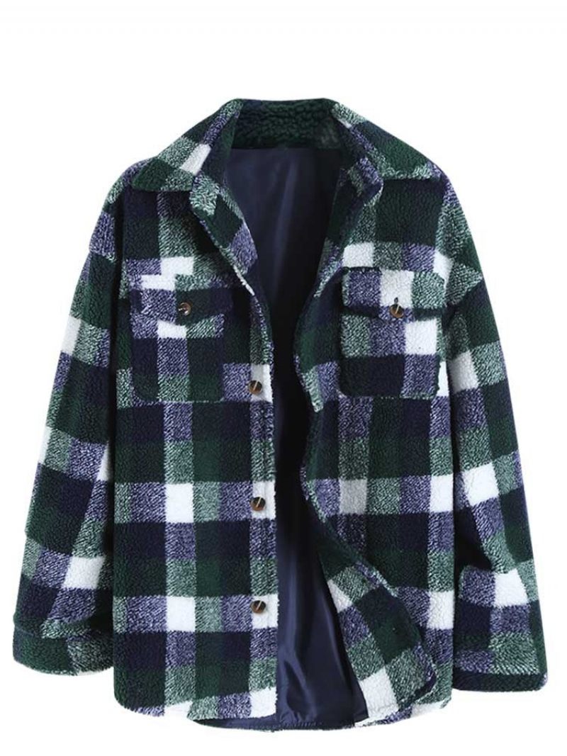 Jakke Til Mænd Plaid Fluffy Fleece Skjorte Med Lomme Button-up Imiteret Pels Sherpa Efterår Vinter Streetwear Topcoats - Brun