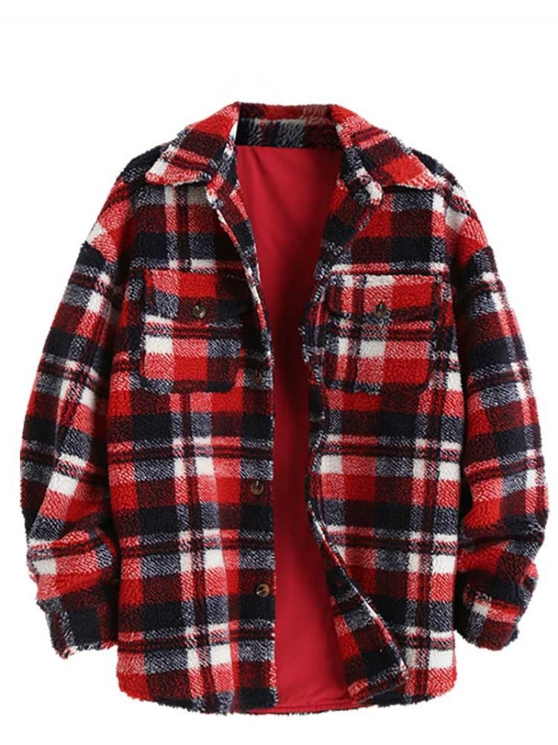 Jakke Til Mænd Plaid Fluffy Fleece Skjorte Med Lomme Button-up Imiteret Pels Sherpa Efterår Vinter Streetwear Topcoats - Brun