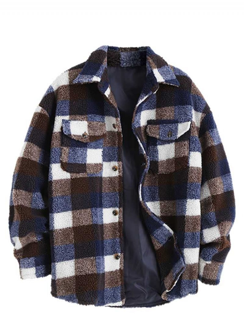 Jakke Til Mænd Plaid Fluffy Fleece Skjorte Med Lomme Button-up Imiteret Pels Sherpa Efterår Vinter Streetwear Topcoats - Brun