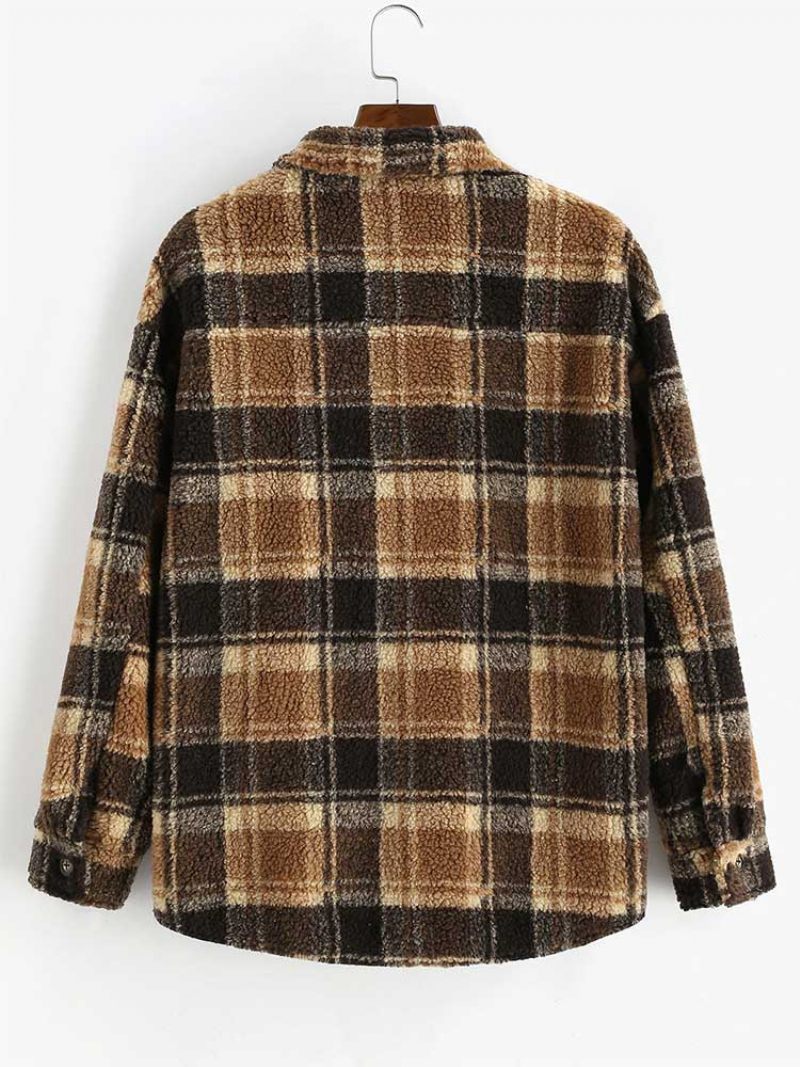 Jakke Til Mænd Plaid Fluffy Fleece Skjorte Med Lomme Button-up Imiteret Pels Sherpa Efterår Vinter Streetwear Topcoats - Brun