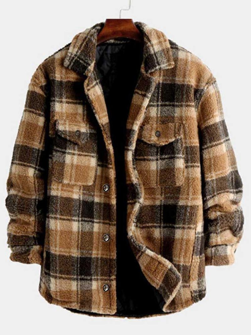 Jakke Til Mænd Plaid Fluffy Fleece Skjorte Med Lomme Button-up Imiteret Pels Sherpa Efterår Vinter Streetwear Topcoats - Brun