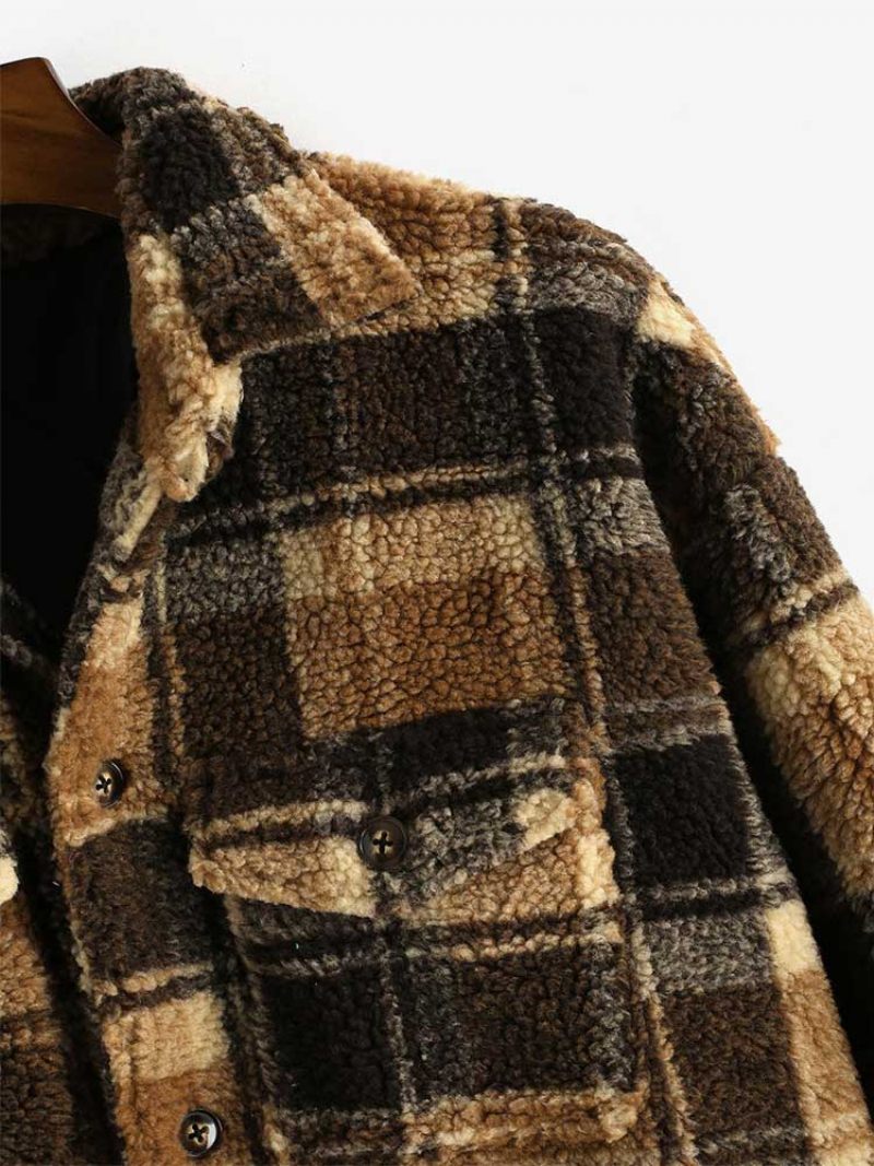 Jakke Til Mænd Plaid Fluffy Fleece Skjorte Med Lomme Button-up Imiteret Pels Sherpa Efterår Vinter Streetwear Topcoats - Brun