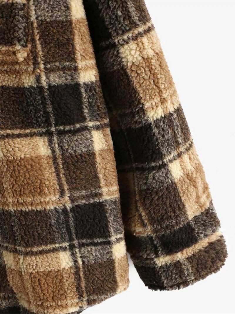 Jakke Til Mænd Plaid Fluffy Fleece Skjorte Med Lomme Button-up Imiteret Pels Sherpa Efterår Vinter Streetwear Topcoats - Brun