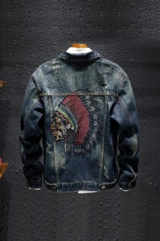 Mænd Denimjakke Broderi Ripped Casual Motorcykel Outwear Mandlige Tøj