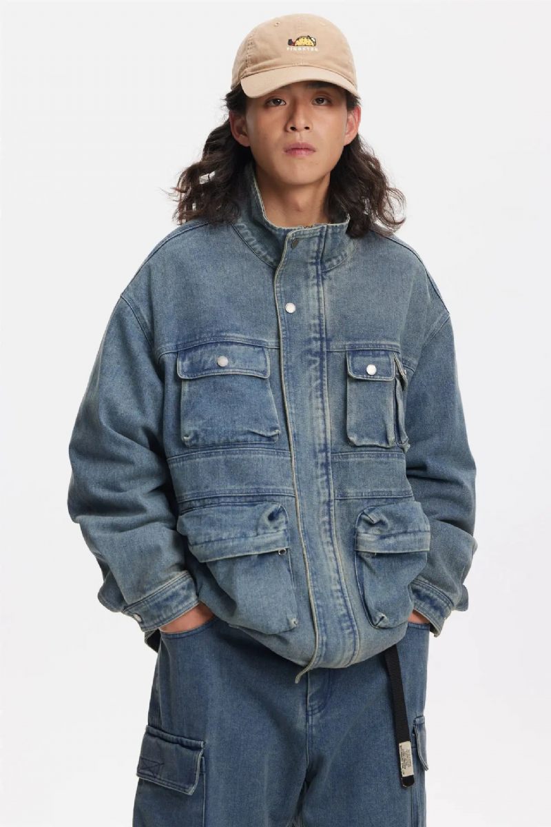 Mænd Distressed Multi-pocket Stand Collar Denim Jacket Youth Loose Casual