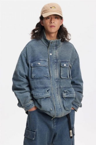 Mænd Distressed Multi-pocket Stand Collar Denim Jacket Youth Loose Casual