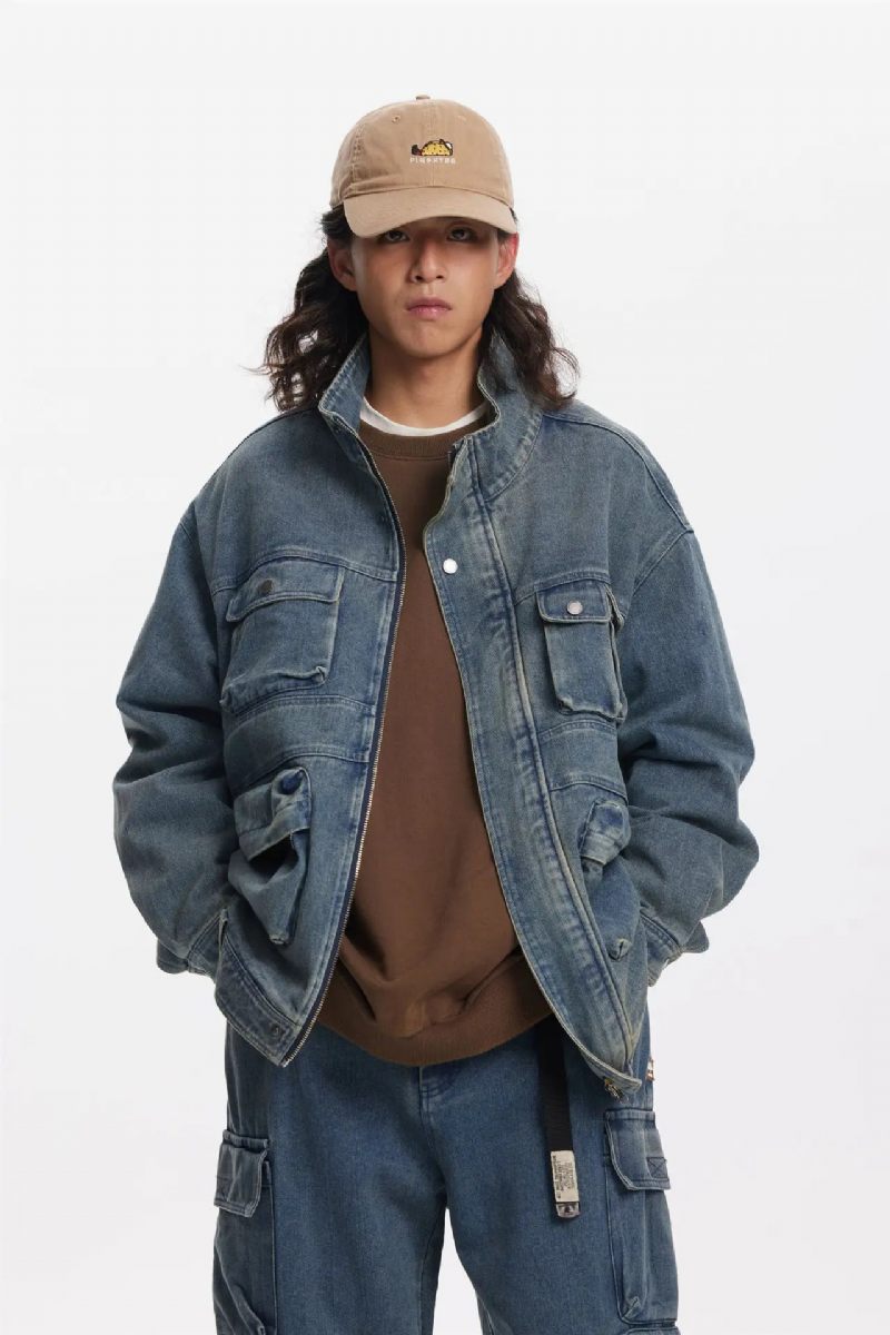 Mænd Distressed Multi-pocket Stand Collar Denim Jacket Youth Loose Casual - Blå