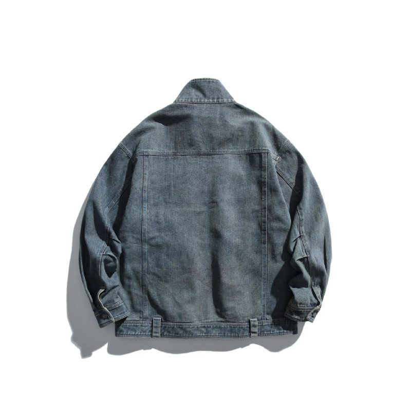 Mænd Distressed Multi-pocket Stand Collar Denim Jacket Youth Loose Casual - Blå