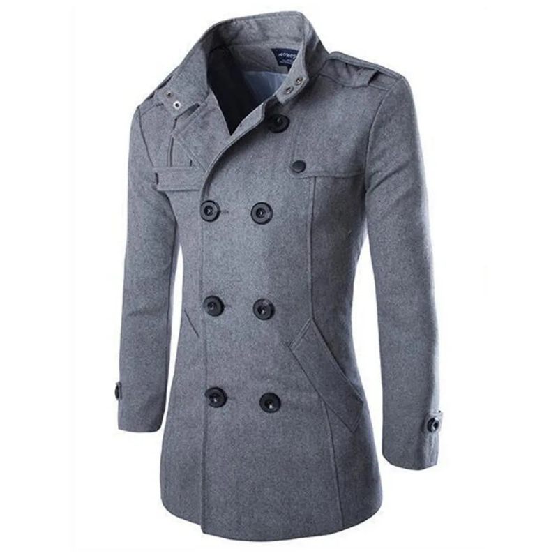 Mænd Dobbeltradet Trench Coats Blends Vinterjakker Warm Coat Mellemlængde Business Casual Jakke - Sort