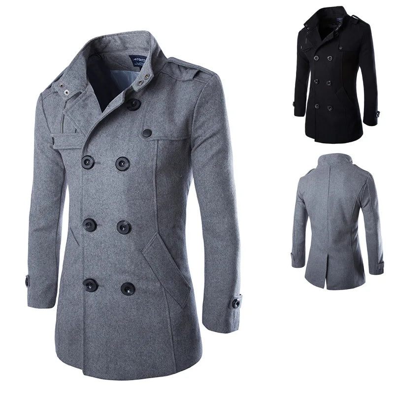 Mænd Dobbeltradet Trench Coats Blends Vinterjakker Warm Coat Mellemlængde Business Casual Jakke - Sort