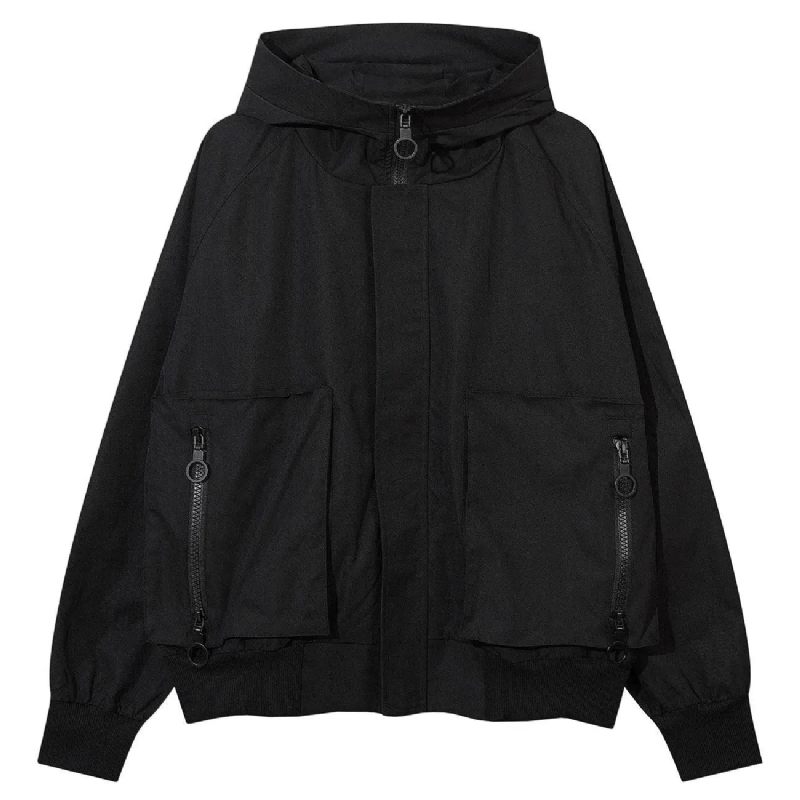 Mænd Hip Hop Streetwear Løse Hættetrøjer Fleecejakke Big Pocket Zip Up Rullekravejakke - Sort