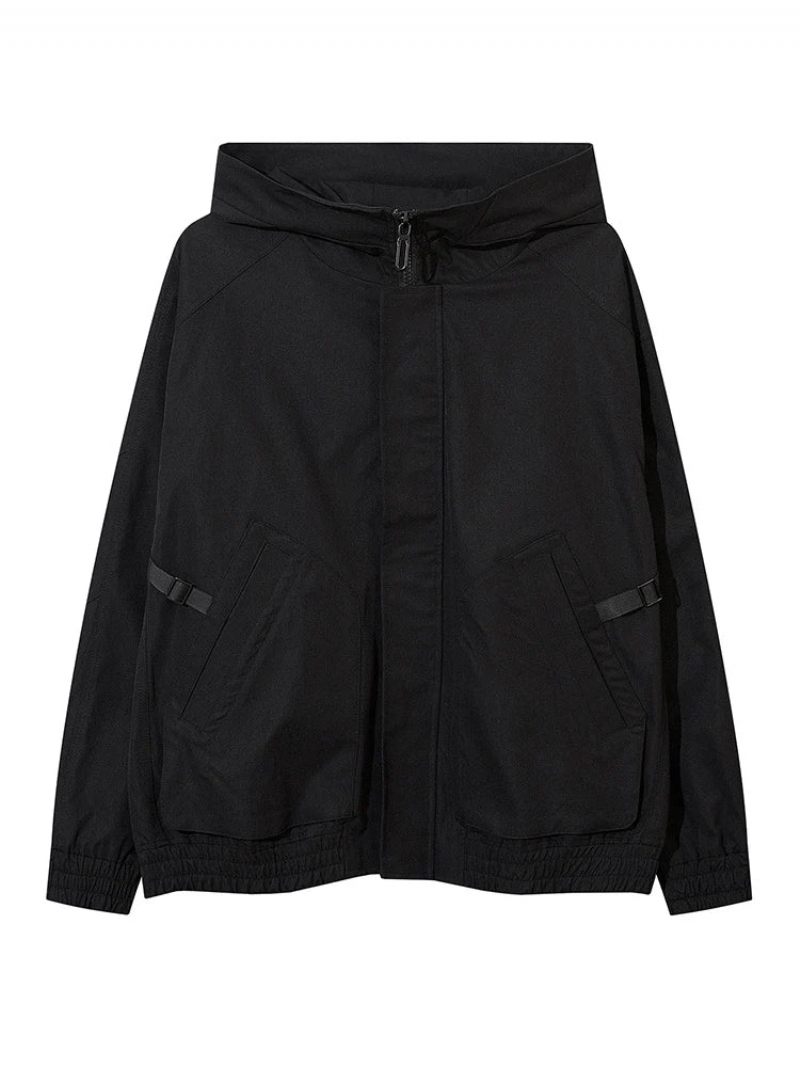 Mænd Hip Hop Streetwear Løse Hættetrøjer Fleecejakke Big Pocket Zip Up Rullekravejakke - Sort