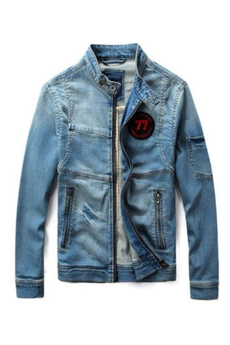 Mænd Jean Jacket Motorcykel Vintage Stand Collar Denim