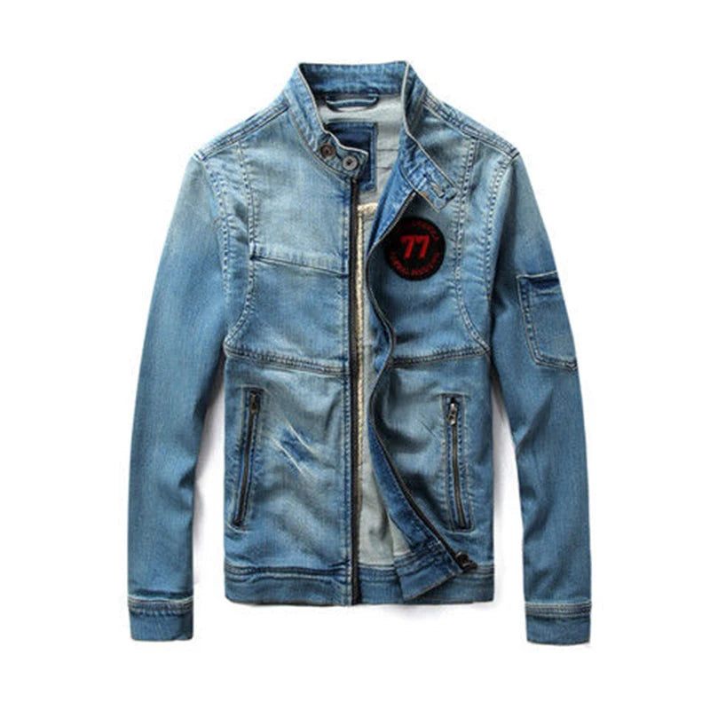 Mænd Jean Jacket Motorcykel Vintage Stand Collar Denim - Blå