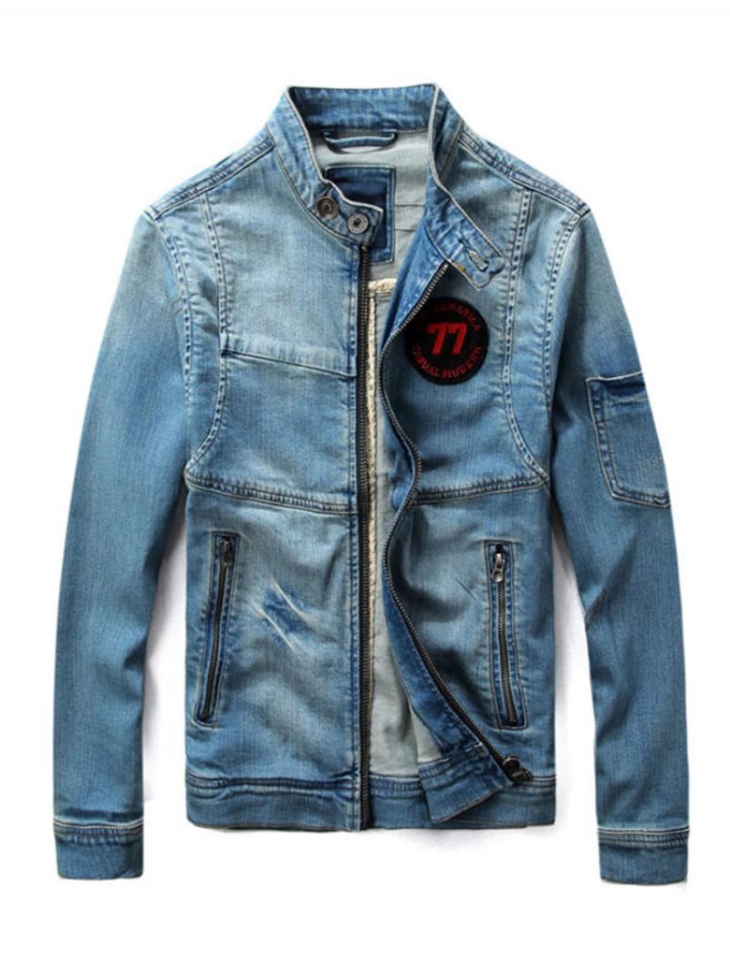 Mænd Jean Jacket Motorcykel Vintage Stand Collar Denim - Blå