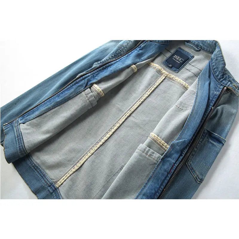 Mænd Jean Jacket Motorcykel Vintage Stand Collar Denim - Blå