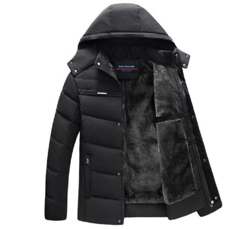 Mænd Parka Tyk Vinterfrakke Varm Hooded Windpoof Outwear Herretøj - Sort