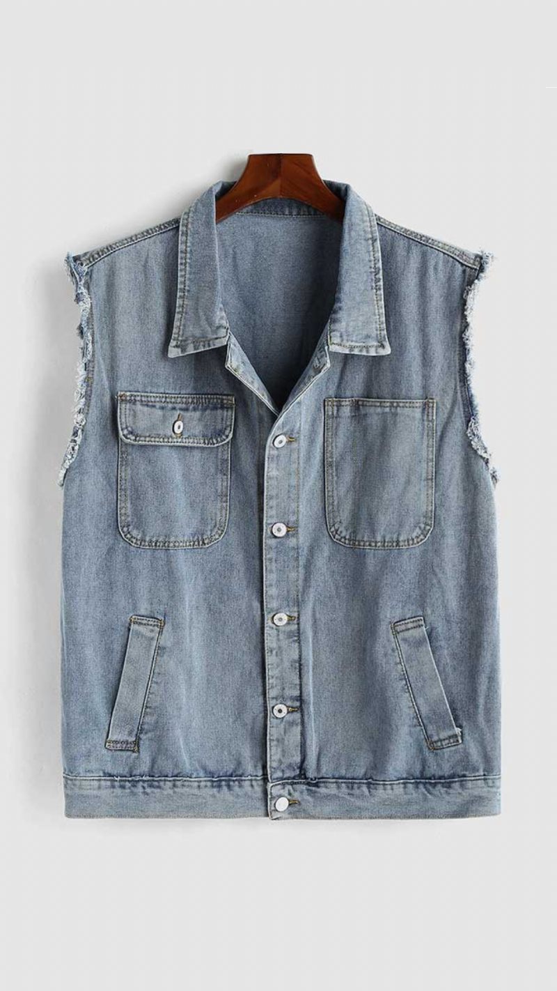 Mænd Tooling Jean Vest Streetwear Ærmeløs Cargo Solid Turn-down Krave Jakke Gilet Denim Med Lommer