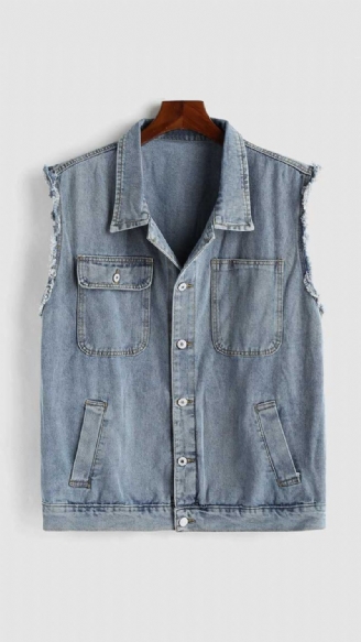 Mænd Tooling Jean Vest Streetwear Ærmeløs Cargo Solid Turn-down Krave Jakke Gilet Denim Med Lommer