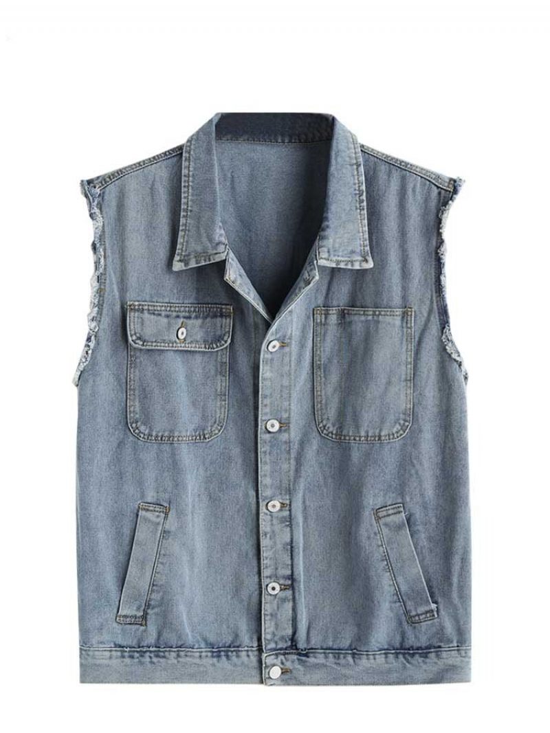 Mænd Tooling Jean Vest Streetwear Ærmeløs Cargo Solid Turn-down Krave Jakke Gilet Denim Med Lommer - Blå