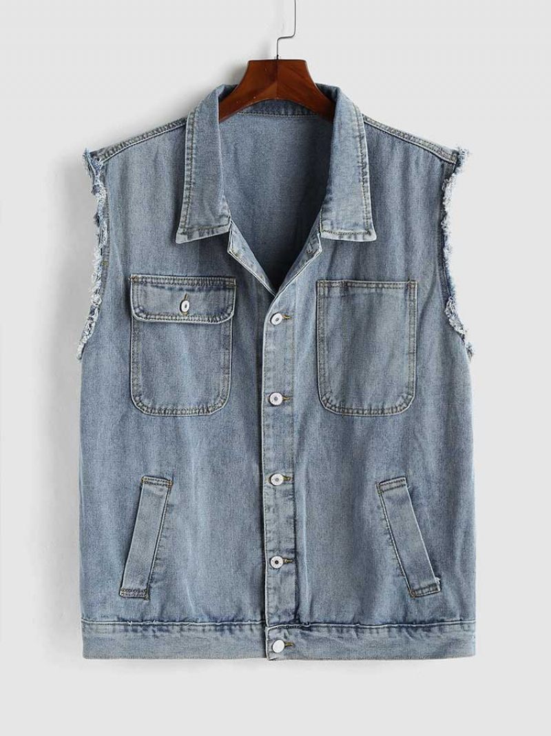 Mænd Tooling Jean Vest Streetwear Ærmeløs Cargo Solid Turn-down Krave Jakke Gilet Denim Med Lommer - Blå