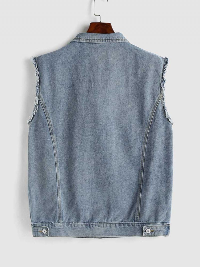 Mænd Tooling Jean Vest Streetwear Ærmeløs Cargo Solid Turn-down Krave Jakke Gilet Denim Med Lommer - Blå