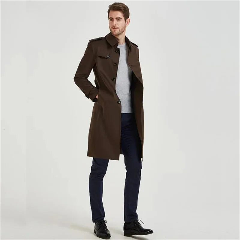 Mænd Trenchcoat Slim-fit Windbreaker Lang Ungdom Efterår Stil Britisk - Brun