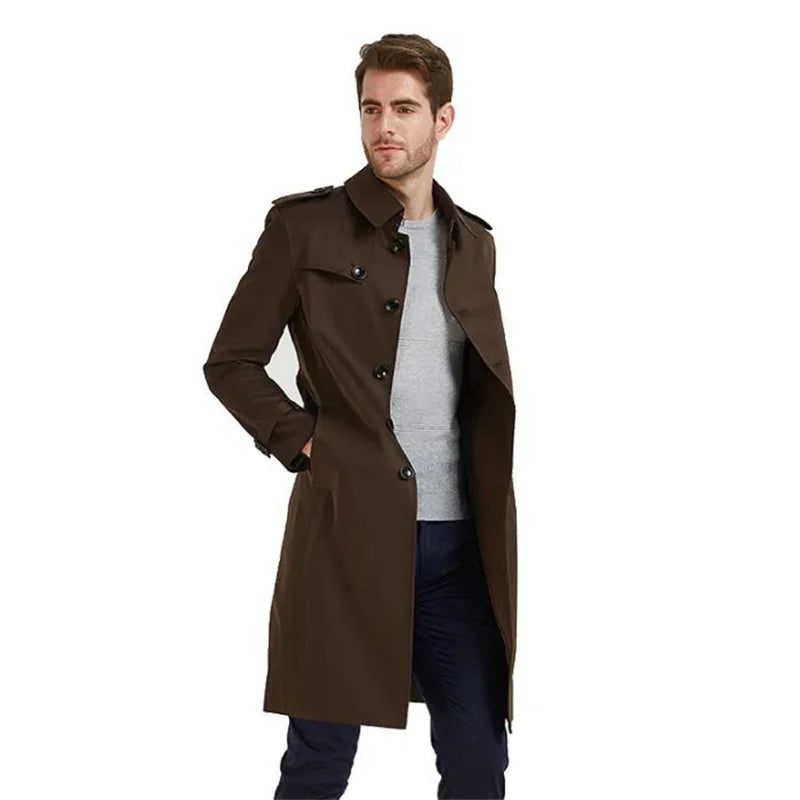 Mænd Trenchcoat Slim-fit Windbreaker Lang Ungdom Efterår Stil Britisk - Brun