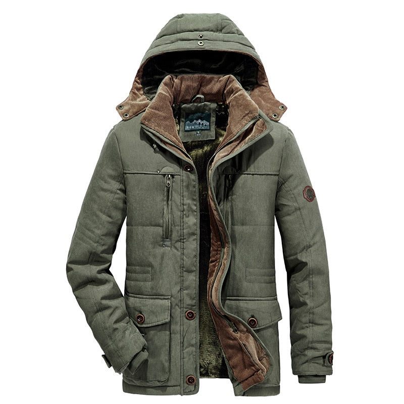 Mænd Vinter Tykke Varme Militær Jakker Parkaer Casual Slanke Multi-lomme Bomuldspolstrede Hættefrakker Fleece - Army Green