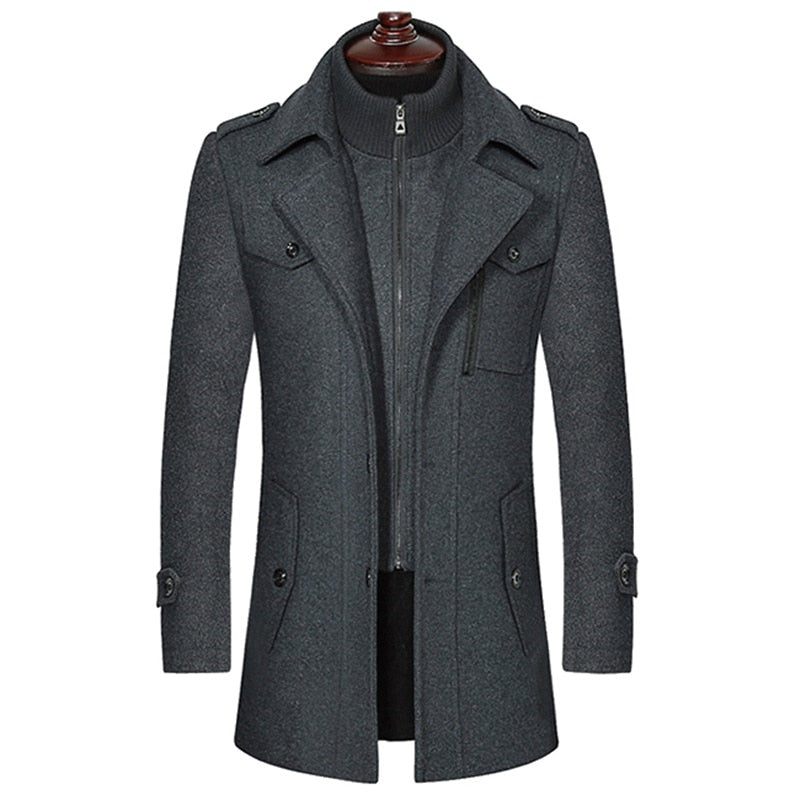 Mænd Vinter Varme Uldfrakker Thicken Casual Jakker Slim Fit Lang Sektion Windbreaker Trench Pea Coat - Sort